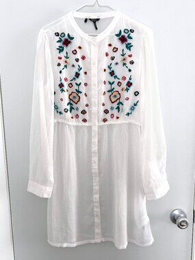 Buffalo David Bitton Floral Embroidered Boho Tunic Dress Sheer Lightweight M